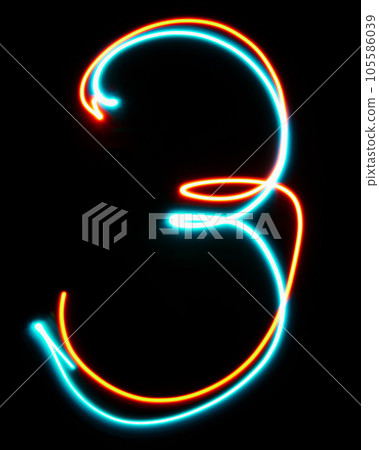 Number 3 of the alphabet made from neon sign. The blue red light image, long exposure with colored fairy lights, against a black background. Number 3 of the alphabet made from neon sign. The blue red light image, long exposure with colored fairy lights, against a black background. 105586039