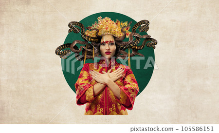 Woman with many snakes on head in colorful clothes. Witch. Making fear. Contemporary art collage Woman with many snakes on head in colorful clothes. Witch. Making fear. Contemporary art collage 105586151