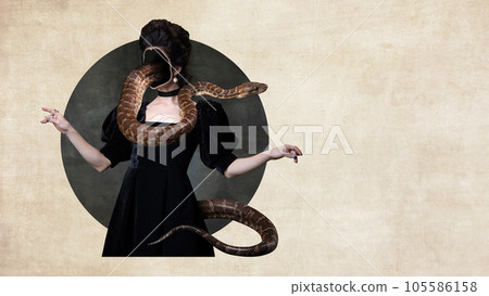 Elegant faceless woman in black dress with snake over her body. Magic, spiritual person. Contemporary art collage 105586158