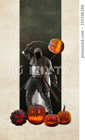 Creepy ghost. Man in image of medieval warrior with pumpkins. Revenge. Contemporary art collage Creepy ghost. Man in image of medieval warrior with pumpkins. Revenge. Contemporary art collage 105586166