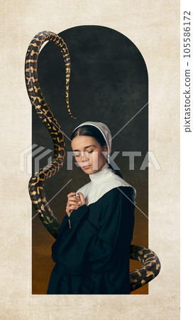 Portrait of medieval woman in image of nun with snake around her. Hidden sin and power. Contemporary art collage 105586172