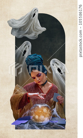 Future prediction. Young woman, with, fortune teller with magic sphere and flying ghost around. Contemporary art collage Future prediction. Young woman, with, fortune teller with magic sphere and flying ghost around. Contemporary art collage 105586176