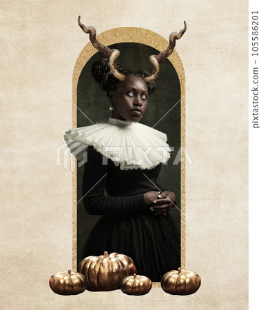 Medieval African young woman in black vintage dress with white collar and animal horns on head. Ghost. Contemporary art collage 105586201