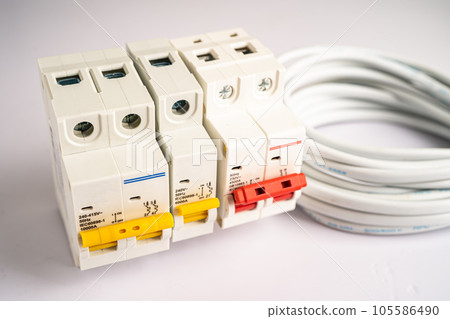 Automatic circuit breaker on white background, control and protect electrical power system. Automatic circuit breaker on white background, control and protect electrical power system. 105586490