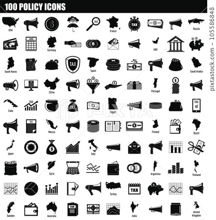 100 policy icon set. Simple set of 100 policy vector icons for web design isolated on white background 100 policy icon set. Simple set of 100 policy vector icons for web design isolated on white background 105586848