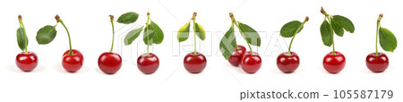 Collection of cherries with green leaf isolated on white background, side view. Extrem close-up. Collection of cherries with green leaf isolated on white background, side view. Extrem close-up. 105587179