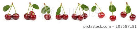 Collection of cherries with green leaf isolated on white background, side view. Extrem close-up. 105587181