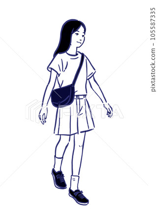 Line drawing illustration of a walking girl Line drawing illustration of a walking girl 105587335