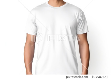 Young man in blank white T-shirt front isolated on white background. Mock up template for design print, close up. Young man in blank white T-shirt front isolated on white background. Mock up template for design print, close up. 105587632
