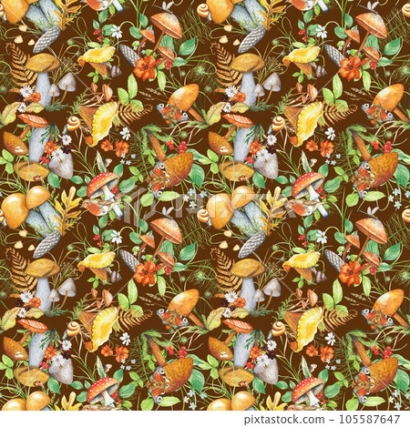 Forest pattern with bright watercolor mushrooms, leaves 105587647