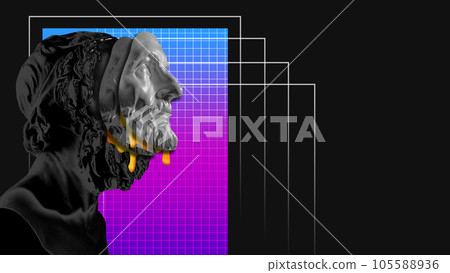 Dark antique statue bust with broken face parts against black mode background with bright abstract elements. Contemporary art collage. Dark antique statue bust with broken face parts against black mode background with bright abstract elements. Contemporary art collage. 105588936