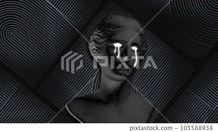 Contemporary art collage with black antique statue bust crying white tears on dark mode background with abstract elements. Contemporary art collage with black antique statue bust crying white tears on dark mode background with abstract elements. 105588938