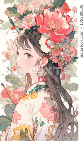 Hand drawn cartoon beautiful illustration of Chinese girl in flowers Hand drawn cartoon beautiful illustration of Chinese girl in flowers 105589039
