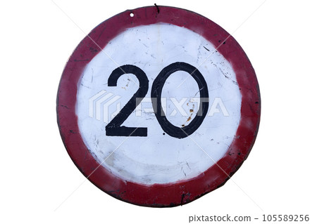 Old handmade road sign 'Speed limit 20' isolated on white 105589256