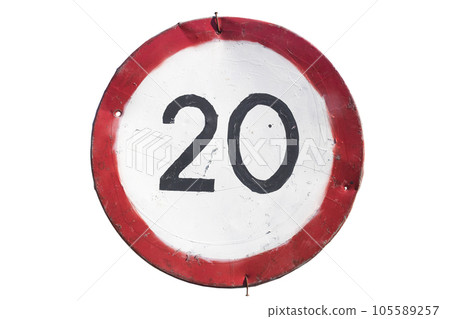 Old remade road sign 'Speed limit 20' isolated on white 105589257
