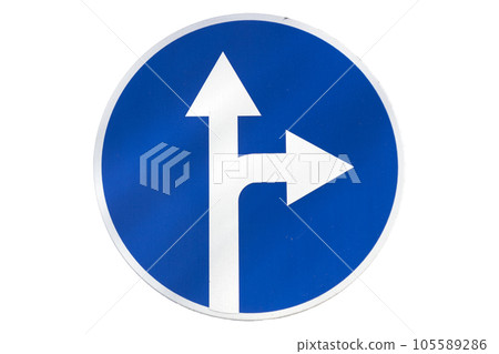 'Turn right and straight ahead' round blue road sign isolated on white. 'Turn right and straight ahead' round blue road sign isolated on white. 105589286