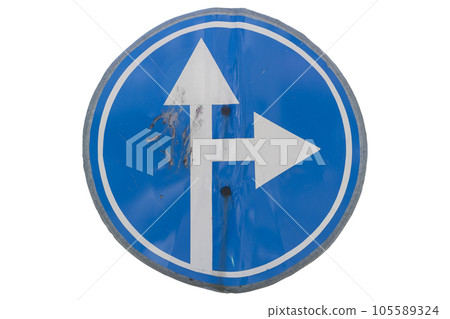 Road sign 'Turn right and straight ahead' isolated on white. Road sign 'Turn right and straight ahead' isolated on white. 105589324