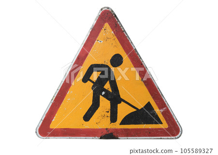 Dirty road sign 'Road works' isolated on white 105589327