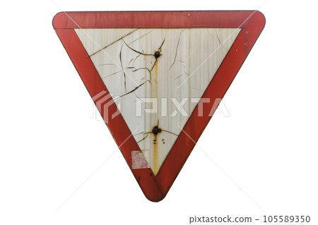 Scratched old weather-stained road sign 'Yield' ('Give way') isolated on white Scratched old weather-stained road sign 'Yield' ('Give way') isolated on white 105589350