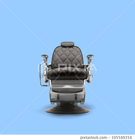 Retro black leather barber chair with chrome inserts flront view 3d render on blue background 105589358