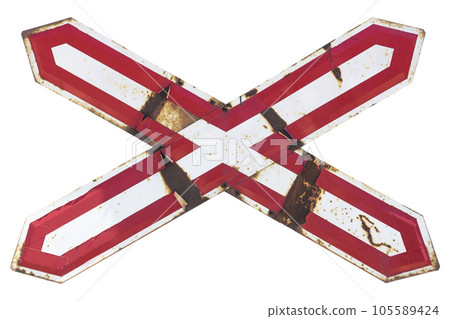 Old rusty road sign 'Railroad crossing' isolated on white 105589424