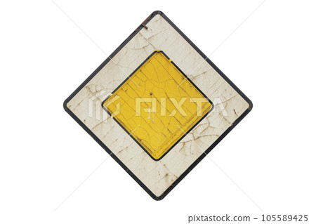 Old faded road sign 'Priority road' isolated on white 105589425