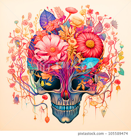 Skull with floral ornament and flowers. colorful illustration. selective focus. Generative AI 105589474