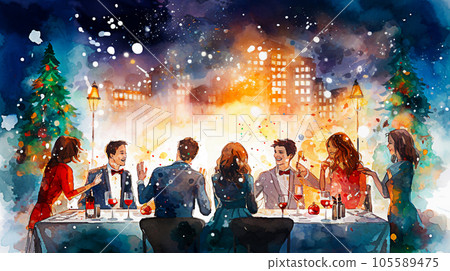 Illustration of a group of people having dinner in a restaurant. selective focus. Generative AI 105589475