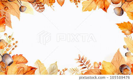 Autumn leaves frame on white background. Watercolor hand drawn illustration selective focus. Generative AI 105589476