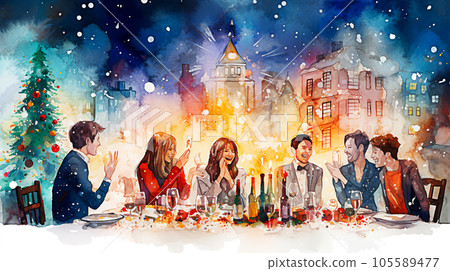 Christmas dinner in the old town. Watercolor painting on paper. selective focus. Generative AI Christmas dinner in the old town. Watercolor painting on paper. selective focus. Generative AI 105589477