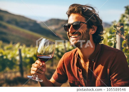 Happy successful male winemaker is tasting a flavor and checking red wine quality from a glass on vineyards background. Generative AI illustration 105589546