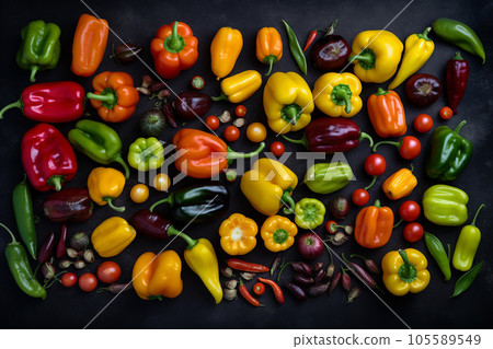 Different varieties of peppers, bright food background, orange yellow, green fruits, sweet and hot peppers, paprika, wholesome healthy food, vegetarian wallpaper Different varieties of peppers, bright food background, orange yellow, green fruits, sweet and hot peppers, paprika, wholesome healthy food, vegetarian wallpaper 105589549
