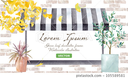 A watercolor illustration of a shop window exterior with yellow ginkgo trees. A window with an awning. vector. A watercolor illustration of a shop window exterior with yellow ginkgo trees. A window with an awning. vector. 105589581