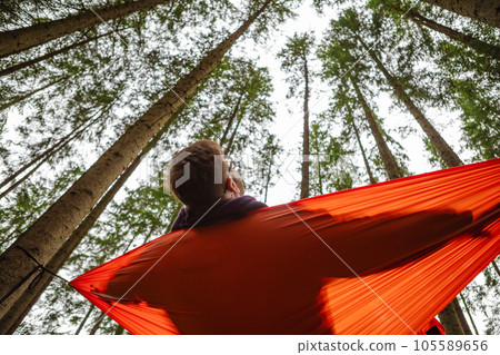 happy man in hammock in the middle of the forest happy man in hammock in the middle of the forest 105589656