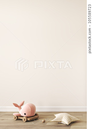 Mockup frame in light beige children room with natural wooden floor. Farmhouse style interior background, 3d rendering. High quality 3d illustration Mockup frame in light beige children room with natural wooden floor. Farmhouse style interior background, 3d rendering. High quality 3d illustration 105589723