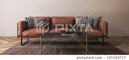 Light livingroom interior in loft with leather large sofa and decor. Horizontal banner panoramic background. 3d rendering. High quality 3d illustration Light livingroom interior in loft with leather large sofa and decor. Horizontal banner panoramic background. 3d rendering. High quality 3d illustration 105589727