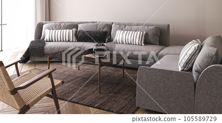 Modern home interior background with sofa, table and decor in living room. Horizontal banner panoramic background. 3d rendering. High quality 3d illustration Modern home interior background with sofa, table and decor in living room. Horizontal banner panoramic background. 3d rendering. High quality 3d illustration 105589729
