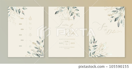 Luxury wedding invitation card background with green watercolor botanical leaves. Abstract floral art background vector design for wedding and vip cover template. 105590155