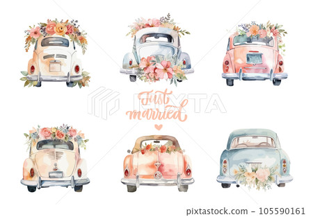 Set of hand drawn watercolor wedding car isolated on background. 105590161