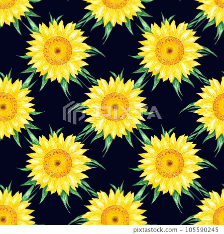Hand drawn watercolor yellow sunflower seamless pattern isolated on black background. Can be used for Gift-wrapping, textile, fabric, wallpaper and other printed products. 105590245