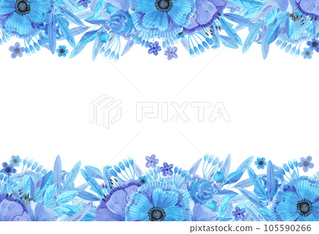 Hand drawn watercolor blue flowers and leaves boarder frame. Isolated on white. Can be used for cards, banners, invitations, label. Hand drawn watercolor blue flowers and leaves boarder frame. Isolated on white. Can be used for cards, banners, invitations, label. 105590266