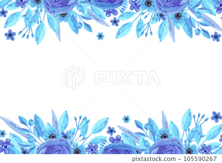 Hand drawn watercolor blue flowers and leaves boarder frame. Isolated on white. Can be used for cards, banners, invitations, label. 105590267