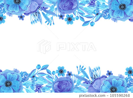 Hand drawn watercolor blue flowers and leaves boarder frame. Isolated on white. Can be used for cards, banners, invitations, label. 105590268