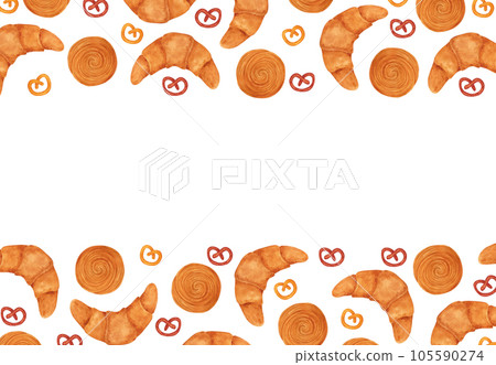 Hand drawn watercolor buns and croissant frame boarder. Isolated on white background. Can be used for Scrapbook design, cards, label, banner and any printed products. Hand drawn watercolor buns and croissant frame boarder. Isolated on white background. Can be used for Scrapbook design, cards, label, banner and any printed products. 105590274