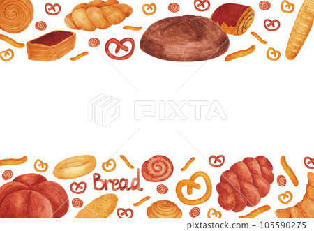 Hand drawn watercolor buns and bread frame boarder. Isolated on white background. Can be used for Scrapbook design, cards, label, banner and any printed products. Hand drawn watercolor buns and bread frame boarder. Isolated on white background. Can be used for Scrapbook design, cards, label, banner and any printed products. 105590275