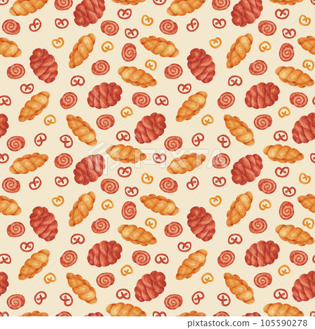 Hand drawn watercolor bread and buns seamless pattern. Isolated on grey background. Can be used for Scrapbook, textile, gift-wrapping, banner and any printed products. Hand drawn watercolor bread and buns seamless pattern. Isolated on grey background. Can be used for Scrapbook, textile, gift-wrapping, banner and any printed products. 105590278