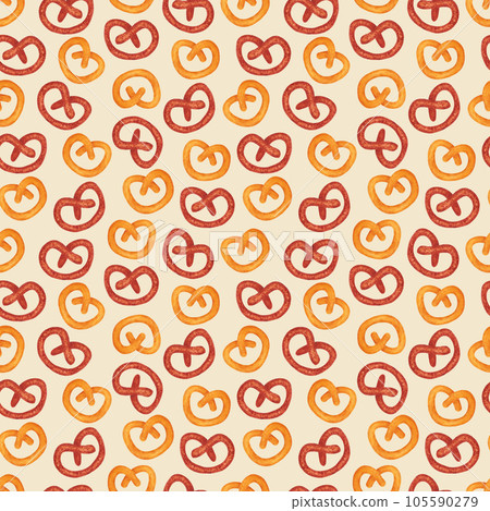 Hand drawn watercolor pretzel seamless pattern. Isolated on grey background. Can be used for Scrapbook, textile, gift-wrapping, banner and any printed products. 105590279