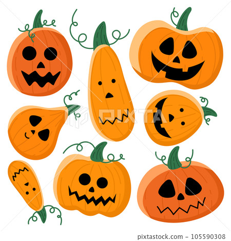 A set of fun and horrible orange pumpkins isolated on white. 105590308