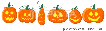 A set of cheerful orange Halloween pumpkins isolated on white. 105590309