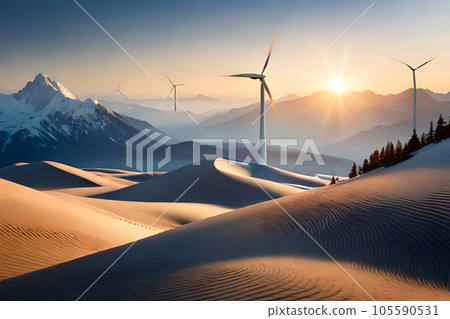 Panoramic view of wind farm or wind park, with high wind turbines for generation electricity with copy space. Green energy concept. Generative AI 105590531